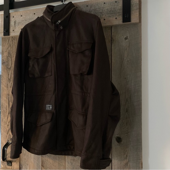 Women’s XL OBEY PROPAGANDA MILITARY SPEC Brown Leather Look Cargo Jacket Hood EC - Picture 4 of 16